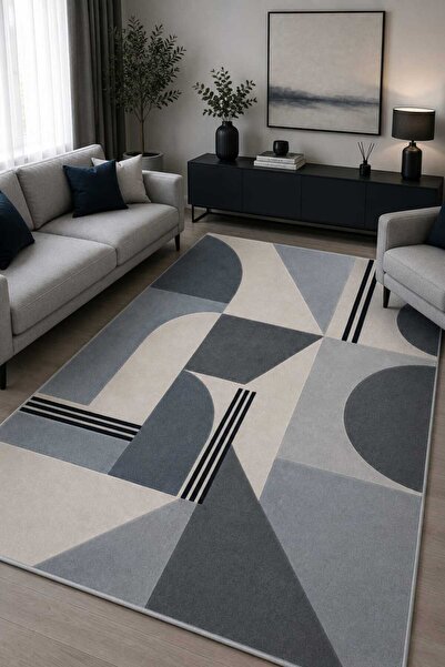 Bordo Halı Modern Geometrik Gri Lacivert Dijital Baskılı Yıkanabilir Kaymaz D...
