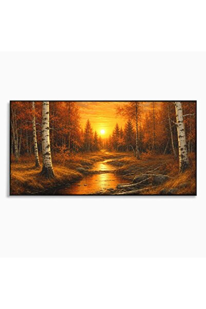 Luxcanva Tablou Canvas Apus De Toamna 140x70 cm cu Rama Negru Apus Toamna Padure