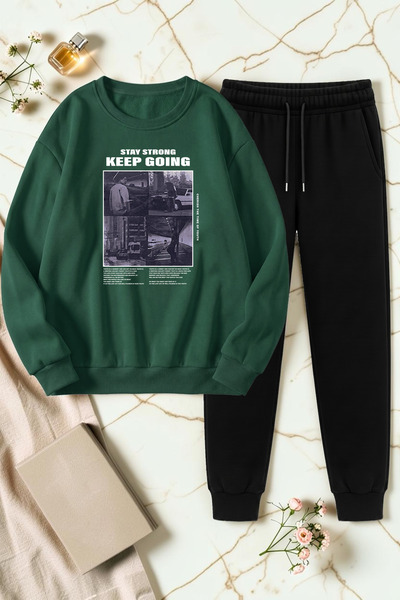 uyguntarz Unisex Keep Going Design Printed Crew Neck Sweatshirt - 2-Piece Tra...
