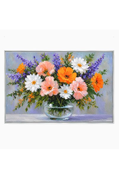 Luxcanva Tablou Canvas Buchet De Flori Pastelate 120x80 cm cu Rama Argintiu F...