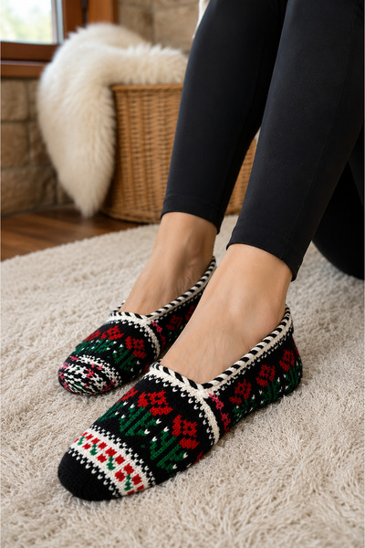 EastWest Trading Handmade vintage traditional red rose patterned knitted boot...