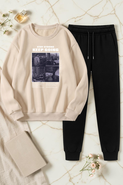 uyguntarz Unisex Keep Going Design Printed Crew Neck Sweatshirt - 2-Piece Tra...