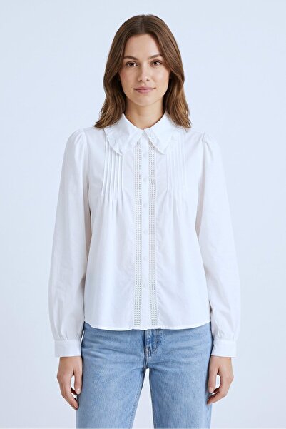 Saade White Cotton Shirt with Lace Collar and Ribbed Detail