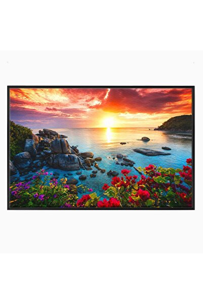 Luxcanva Tablou Canvas Apus Tropical 120x80 cm cu Rama Negru Apus Plaja Mare