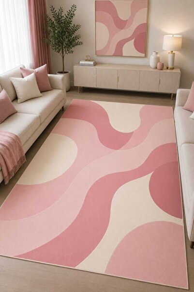 Bordo Halı Modern Soyut Pembe Bej Geometrik Dijital Baskılı Yıkanabilir Kayma...