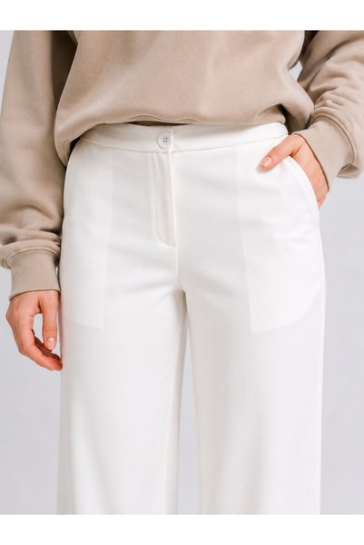 ESADE White Wide Leg Palazzo Pants with Side Pockets High Waist Stretch Fabric Trousers