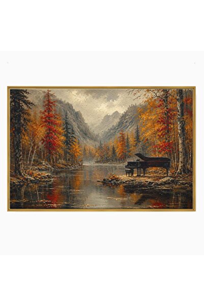 Luxcanva Tablou Canvas Pianul In Padurea De Toamna 60x40 cm cu Rama Auriu Pia...