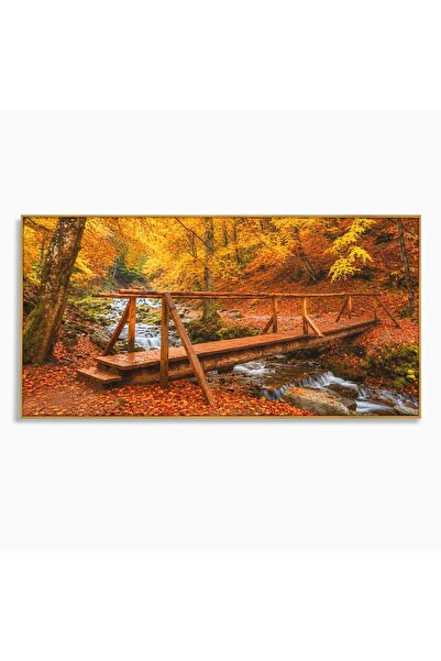 Luxcanva Tablou Canvas Pod Peste Rau Toamna 140x70 cm cu Rama Auriu Pod Rau T...