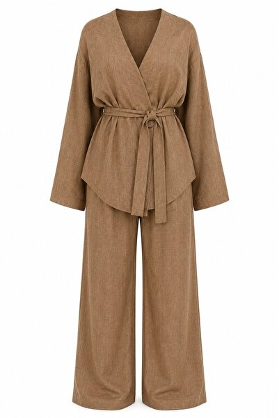 Laluvia Set kimono maro deschis cu centură - 2y012