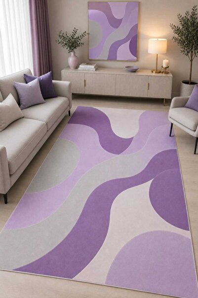 Bordo Halı Modern Soyut Mor Lila Bej Geometrik Dijital Baskılı Yıkanabilir Ka...