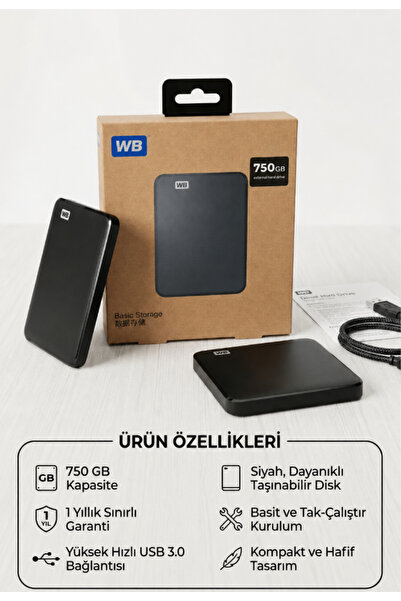 Wb 750GB Harici Harddisk | USB Taşınabilir Depolama | Veri Yedekleme ve Dosya...