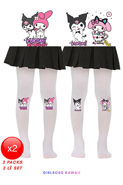 Girlboss Kawaii Kuromi & My Melody 2-Pack White Pantyhose Matte Opaque Micro 50