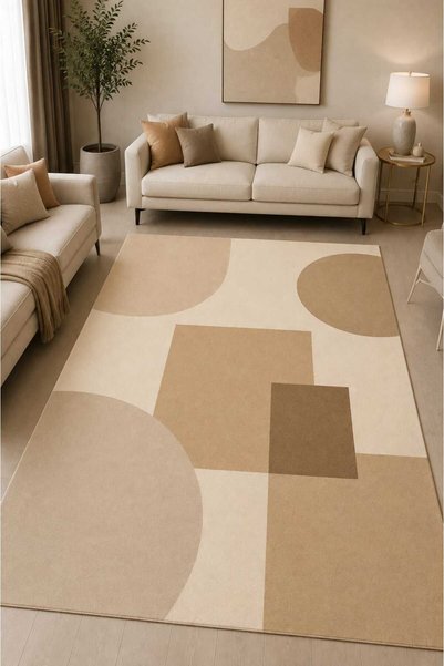 Bordo Halı Modern Geometrik Halı Bej Krem Kahve Tonları Dijital Baskılı Salon...