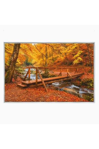 Luxcanva Tablou Canvas Pod Peste Rau Toamna 60x40 cm cu Rama Argintiu Pod Rau...