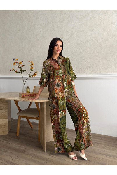 Ded COLLECTION Women's colorful ethnic patterned shirt and pants two-piece viscose set