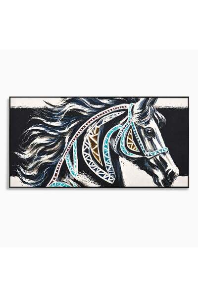 Luxcanva Tablou Canvas Calul Tribal 100x50 cm cu Rama Negru Cal Tribal Arta
