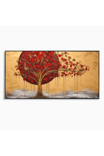 Luxcanva Tablou Canvas Copacul Rosu Pe Fundal Auriu 100x50 cm cu Rama Negru C...