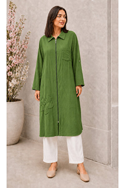 AGORATEKSTİL Women's Washed Cotton Fabric Zippered Long Sleeve Cap 42-48