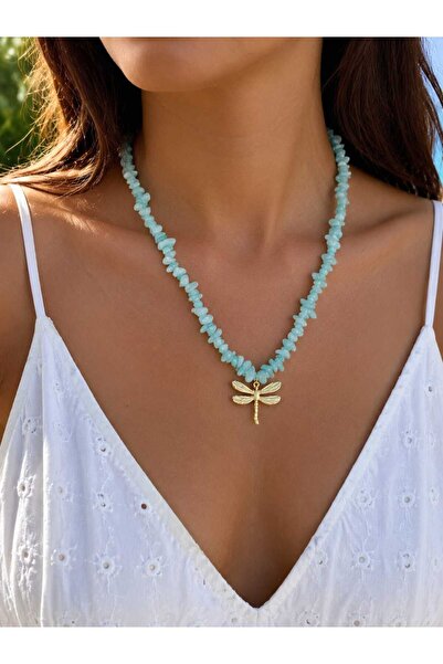 Yağmur Women's Fish Pendant Necklace Dragonfly Blue White Color Summer Holida...