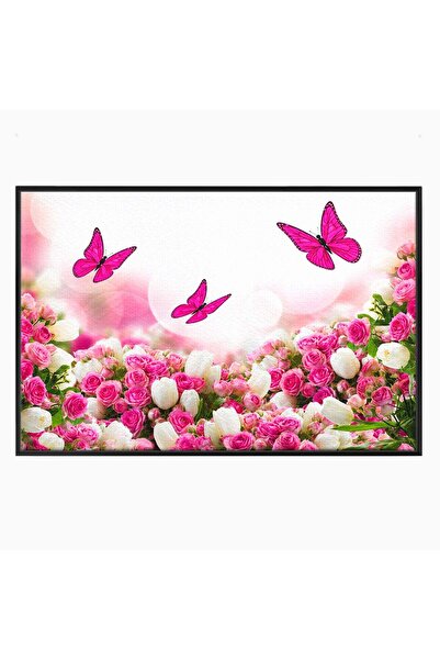 Luxcanva Tablou Canvas Gradina Cu Fluturi Roz 60x40 cm cu Rama Negru Flori Fl...