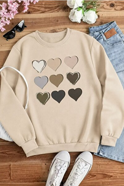 Trend Sizde Φούτερ Unisex Heart Printed Crew Neck