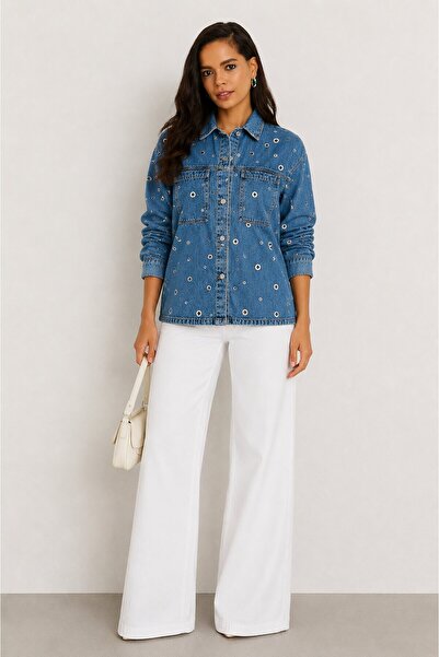 CARLA MARA Women's Blue Bird Eye Detailed Oversize Denim Jean Jacket