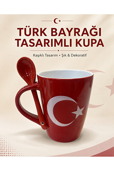 METTREND Türk Bayrağı Tasarımlı Kaşıklı Bordo Seramik Kupa Şık Dekoratif Hedi...
