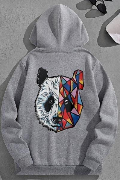 K KOZZ STYLE Unisex 3-κλωνο βαμβακερό γκρι φούτερ με στάμπα αρκούδας σε φαρδι...