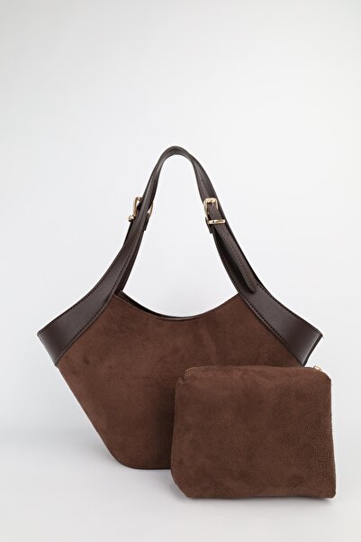 NOTHING Women's Suede Brown Medium Size Makeup Bag with Belt Strap Detail, Ha...