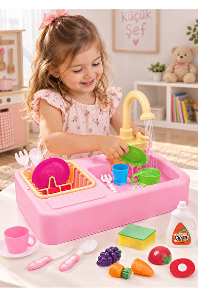 NUNU Pilli Mutfak Lavabo Seti 25 Parça Çocuklar İçin Musluklu Evcilik ve Bula...