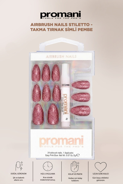 Promani Airbrush Nails Stiletto - Takma Tırnak Simli Pembe