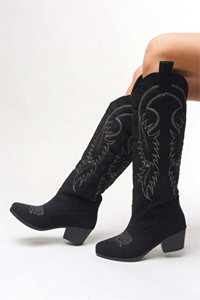 Les Passent Women's Jasire Black Suede Embroidered Western Cowboy Boots