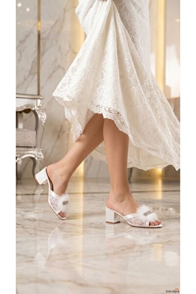 DARUGA Women's Ecru Lace Detailed Stoned Bow Low Thick Heeled Bridal Slippers