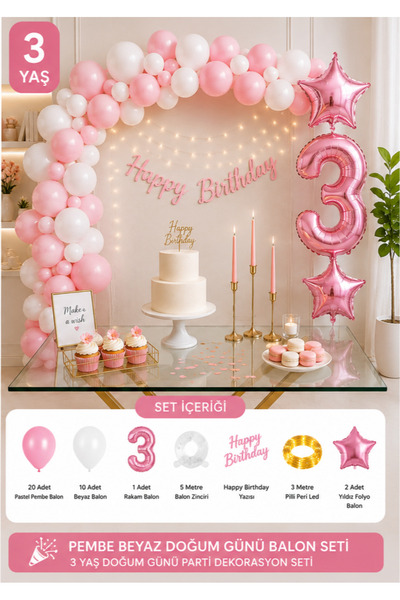 Parti Zamanı Pembe Beyaz Doğum Günü Balon Seti | 3 Yaş Rakamlı Happy Birthday...