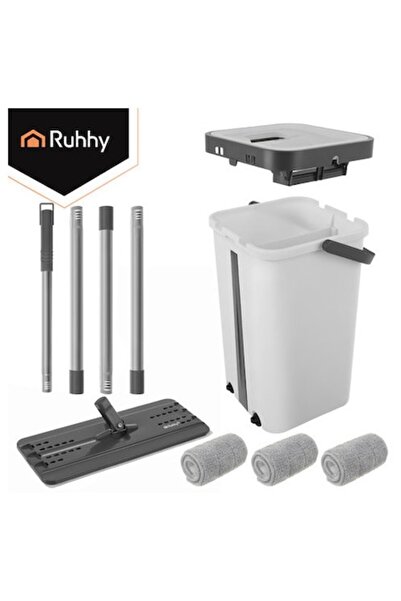 Ruhhy Flat Mop with 11L Bucket, 2 Compartments for Clean and Dirty Water, Squ...