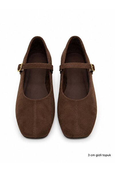 diclepolat Women's Brown Suede Hidden Heeled Ballerina Shoes with Buckle Stra...