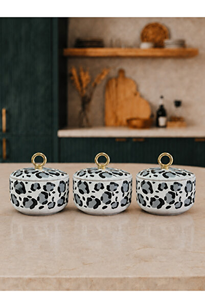 Bibo Home Kahvaltılık - 3 lü Set Seramik Gri Leopar Desenli Halka Zamaklı