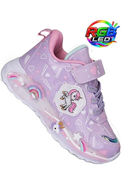 Kid's World Kız Çocuk Işıklı Unicorn Spor Ayakkabı Lila Cırtlı Günlük Sneaker