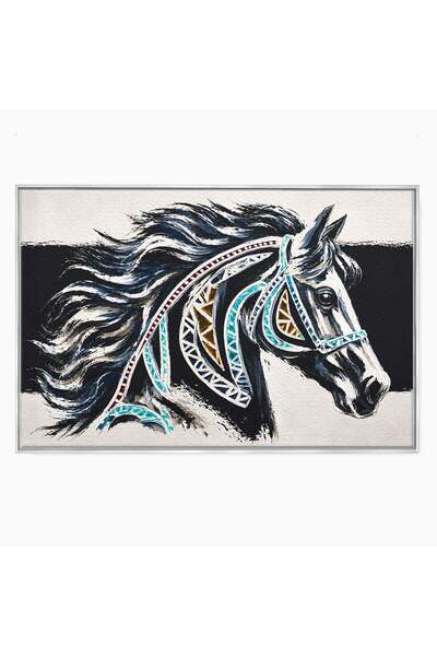 Luxcanva Tablou Canvas Calul Tribal 70x50 cm cu Rama Argintiu Cal Tribal Arta