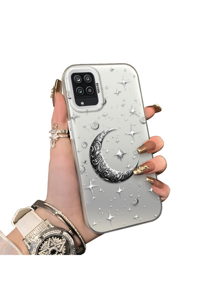 ucuc Samsung Galaxy A12/M12 Uyumlu Gümüş Oyma Ay ve Yıldız Desenli Şeffaf Olm...