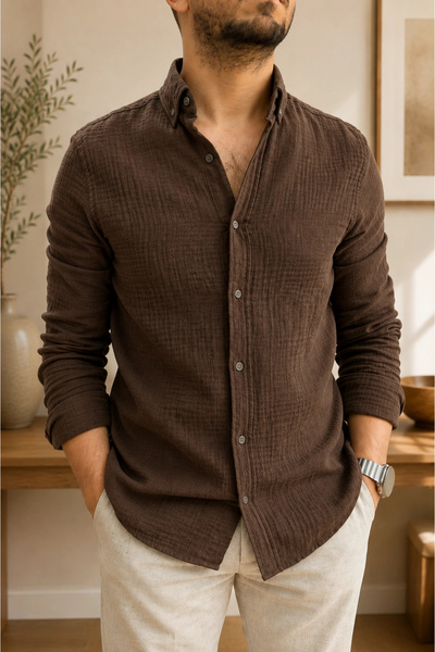 Edwox Men's Cotton Muslin Fabric Shirt Brown Cd181