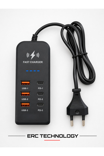 ERCTECH 6 Port Hızlı Şarj İstasyonu 3 USB + 3 Type-C PD Çoklu Masaüstü Şarj C...