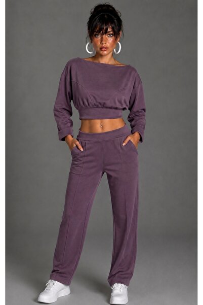 Be Best Women's Plum Boat Neck Waist-Banded Double Tracksuit Set Be497