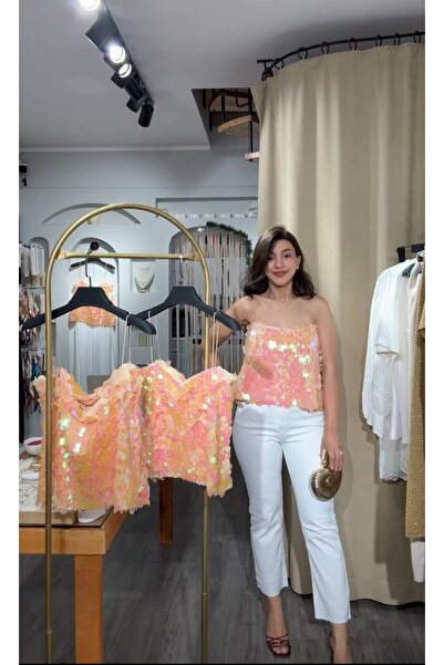 DipOL Butik Pullu Payetli İnce Askılı Parlak Gece Bluzu / Parti ve Davet Bluzu