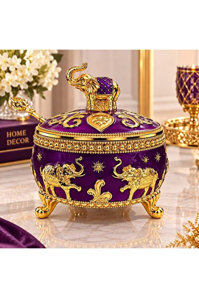 RAHSAN COLLECTİON Fil Figürlü Kapaklı Dekoratif Şekerlik ve Sunumluk – Mor Gold