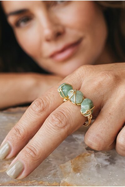 NBS Beautiful Naturel Stones Women's Gold Color Real Aventurine Ring