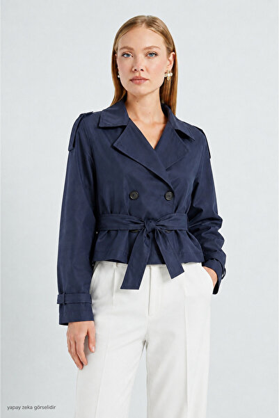 ModaPlaza Women's Lined Belted Double-Breasted Regular Short Trench Coat 5970