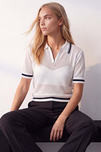 Trend Alaçatı Stili Women's Ecru Polo Collar Zippered Transparent Blouse Alc-...