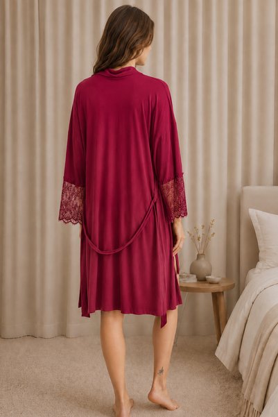 Jusmart Red Low-Cut Collar and Lace Sleeves Robe Set |   V-Neck Lez Lace Detailed Viscose Knitted 2-Piece Nightgown and Dressing Gown Set |   Stylish Elegant Comfortable Women's Home and Sleepwear Set 18557