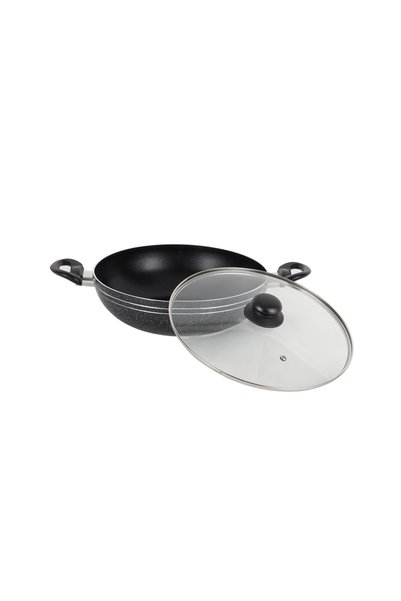 ROYALFORD مقلاة ألومنيوم من سلسلة إيلاتش مقاس 28 سم مع طلاء غير لاصق RF11885، غطاء زجاجي، لون أسود